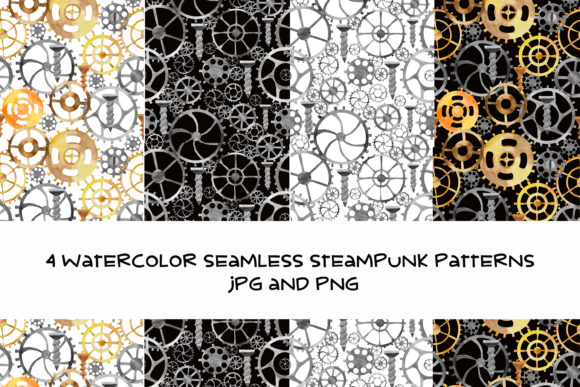 4 Watercolor Seamless Steampunk Patterns