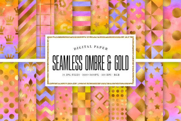 Bright Ombre and Gold Seamless Patterns