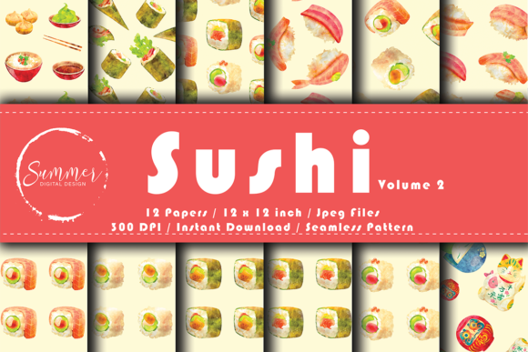 Cute Japanese Food Watercolor Patterns