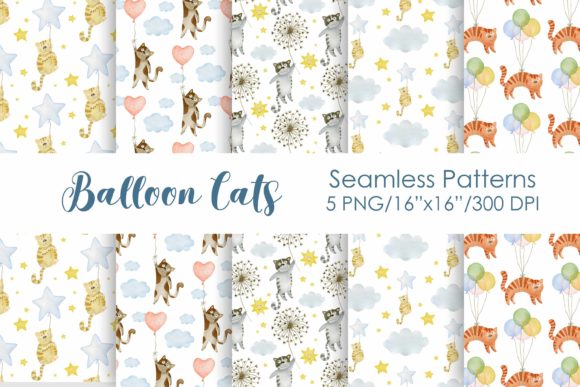Watercolor Cat Balloon Seamless Patterns